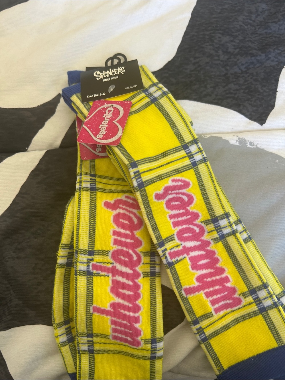 Charlotte Rhys Yellow Plaid Knee High Socks with Pink Script